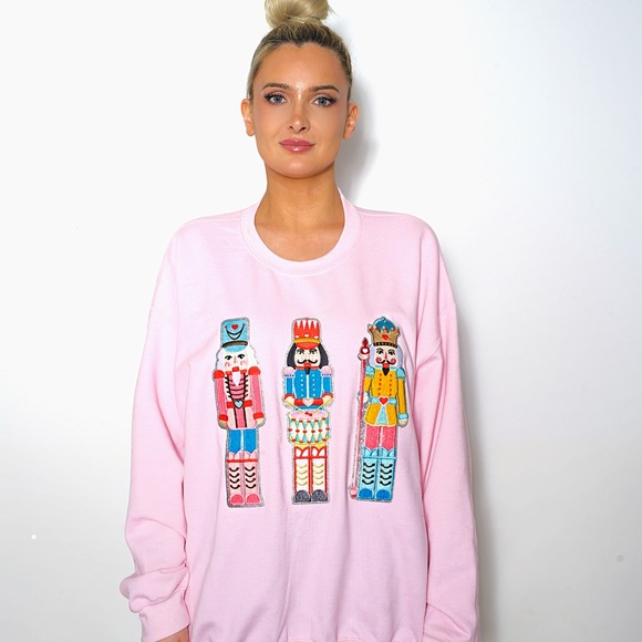 Nutcracker Set Silver Glitter Chenille Crewneck - Picture 1 of 6